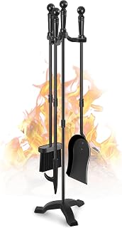 Gtongoko 4-Pc 30 Inch Black Wrought Iron Fireplace Tools Set: Poker, Shovel, Brush & Stand for Indoor/Outdoor Fireplaces