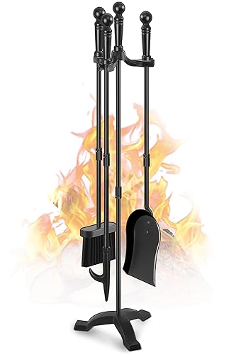 Gtongoko Fireplace Tools Set 4 Pcs 30 Inch Black Wrought Iron Large Fire Tool Set for Outdoor/Indoor Include Chimney Poker, Antique Shovel, Rustic Brush and Stand Accessories Set - Black