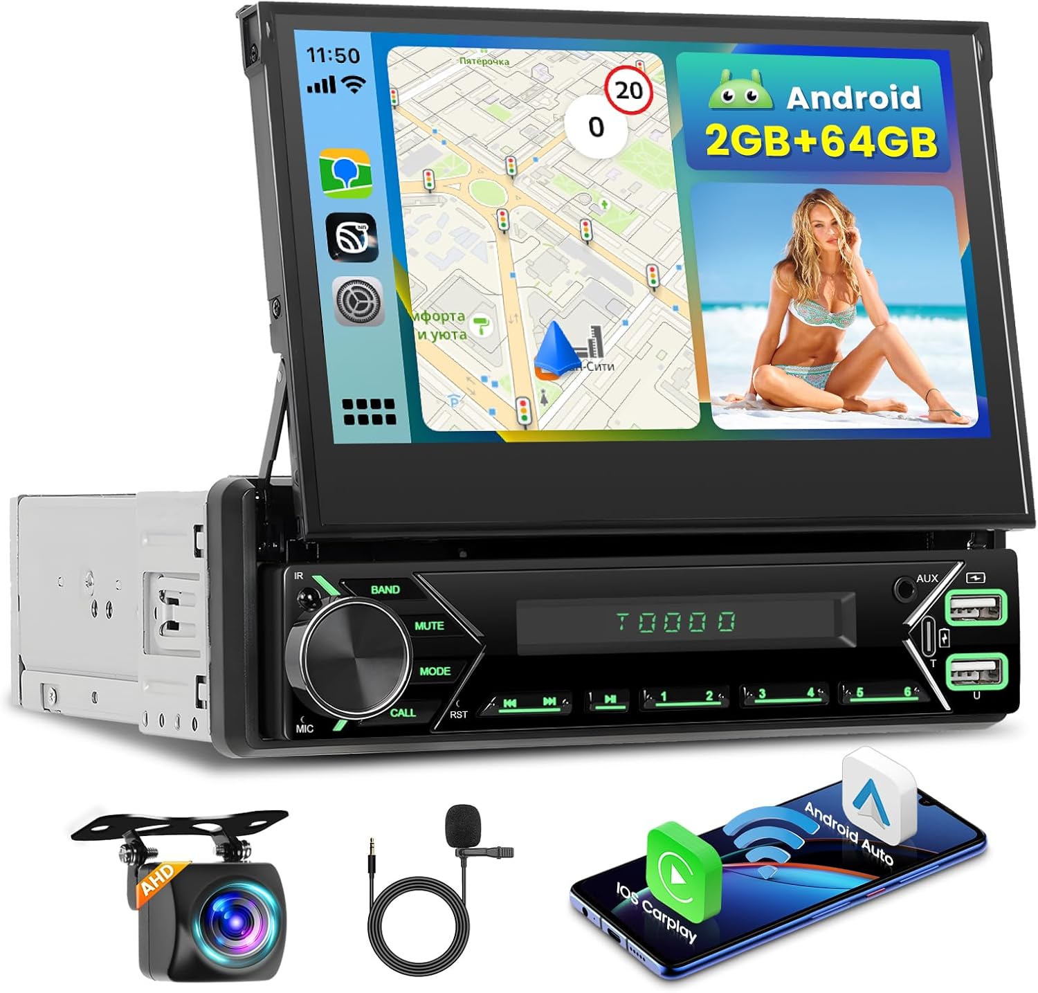 2+64GB Inefala Android 13 1 DIN Removable Car Radio, 7 Inch HD Touch Screen with Wireless CarPlay Android Auto GPS WiFi BT SWC FM/RDS UI Backlight USB Mic Reverse Camera