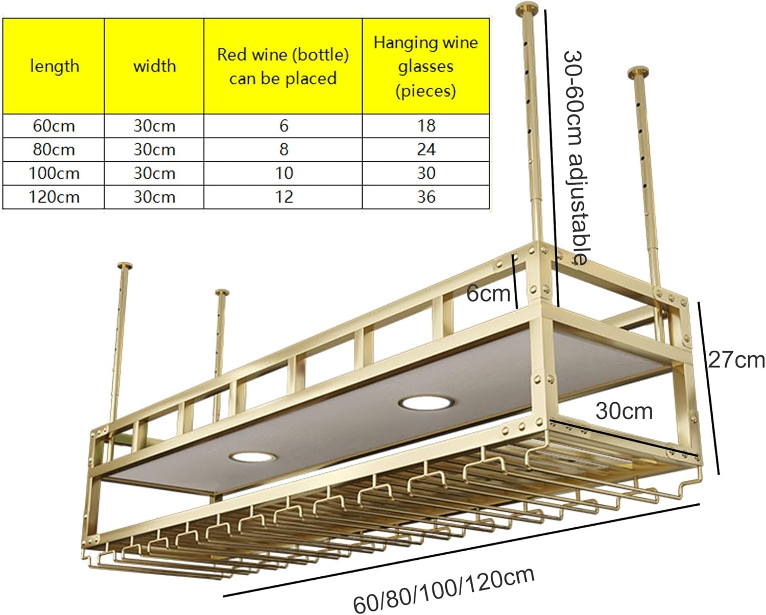Floating Wall Mounted Wine Rack with Glass Holder and LED Light Modern Home Bar Decor for Kitchen or Dining Room Gold 60 * 30cm