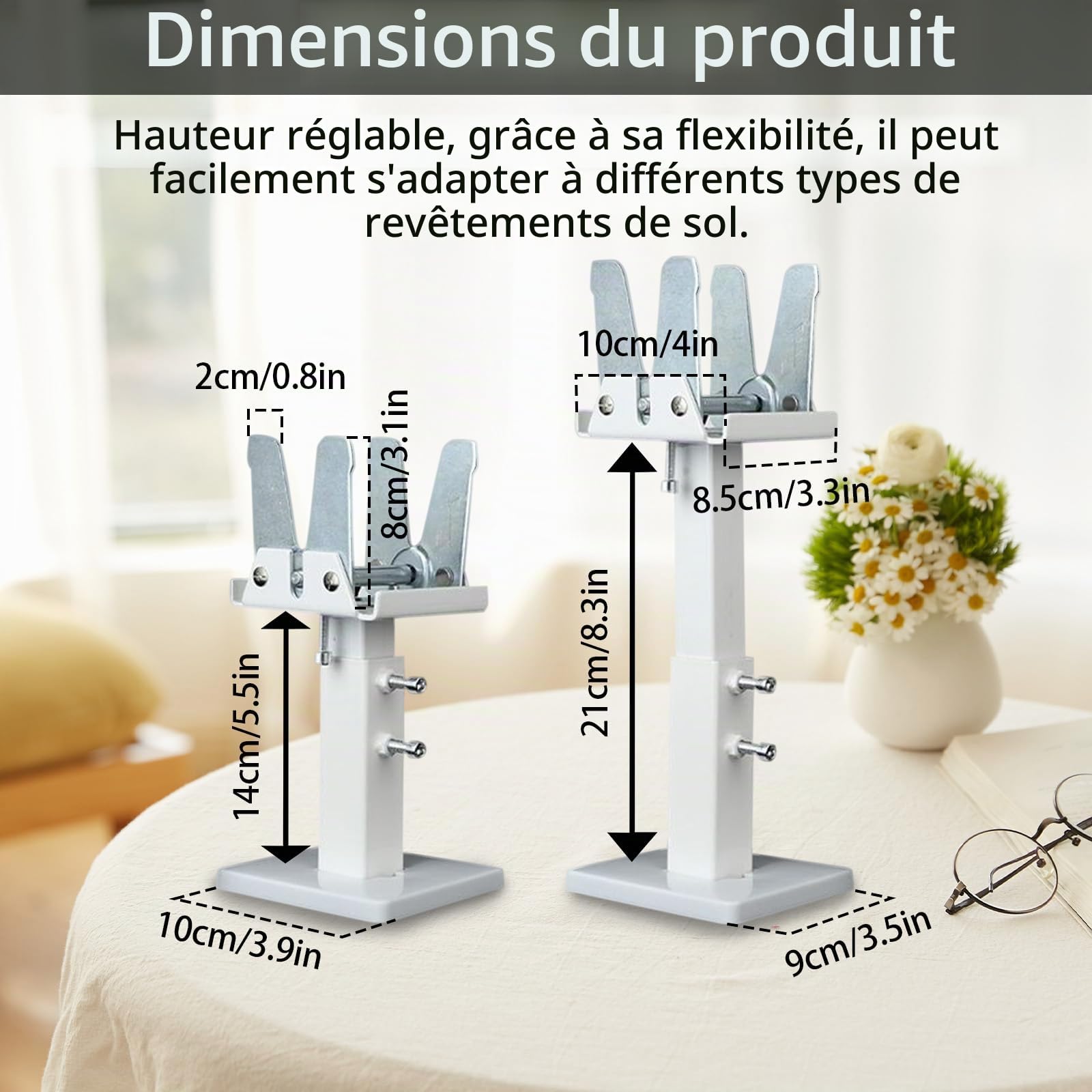 Lot de 2 Support Radiateur, Kit de Pieds de Radiateur à Montage au Sol 14-21 cm Ajustable Support Radiateur en Acier, Tablette de Radiateur Double Stabilité pour Radiateurs à Panneaux