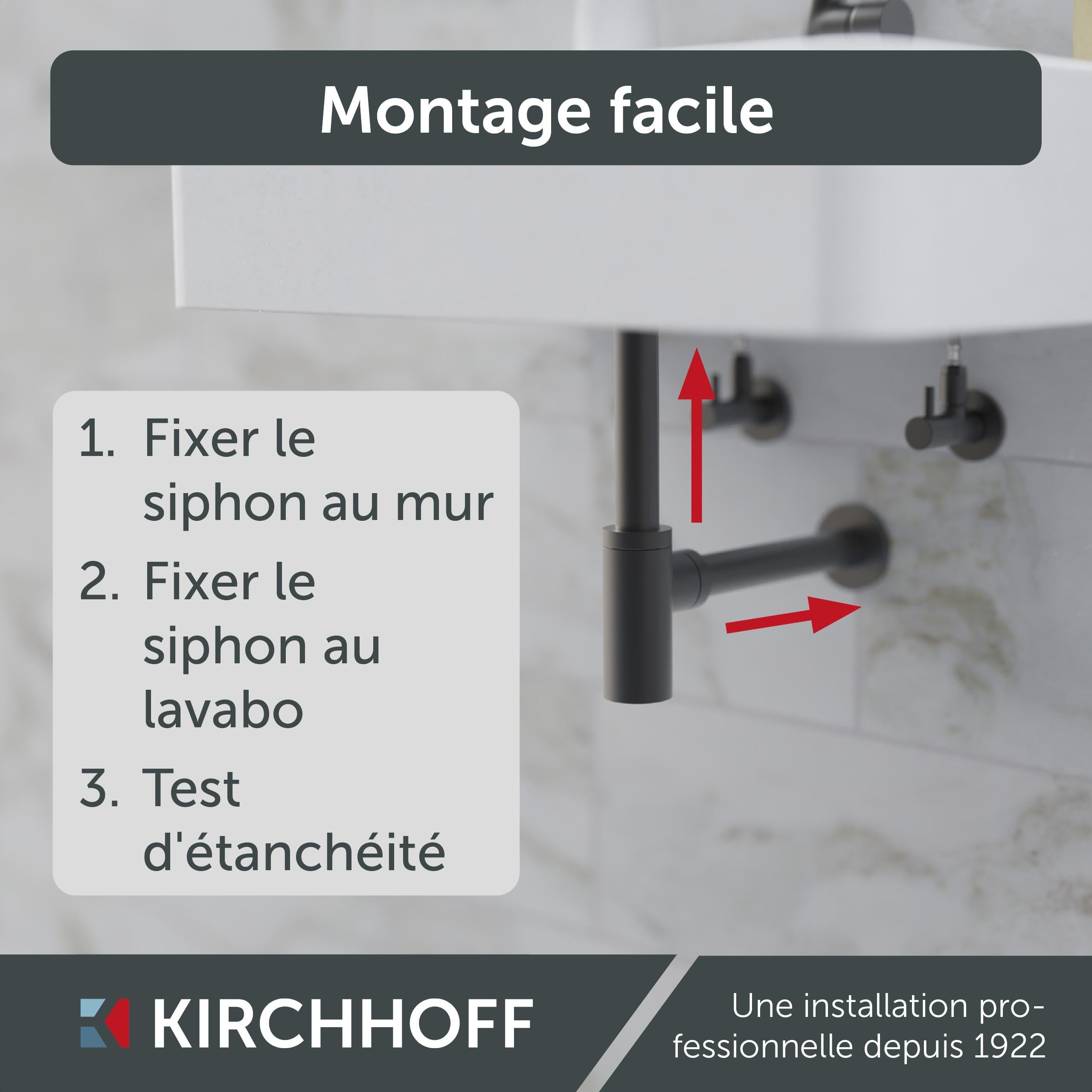 Kirchhoff Bonde de Lavabo Universelle Graphite Mat, Siphon | Laiton massif enduit, raccord 11⁄4", kit avec rosace murale, joint bonde et bouchon lavabo universel, ouverture de nettoyage