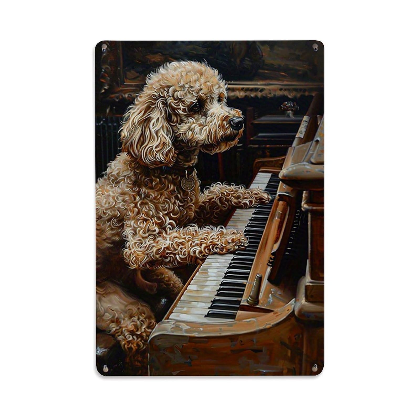 Jdfenggu Vintage Poodle Playing Piano Art Print Retro Metal Tin Sign, Decor Art Poster For Bar, Home, Man Cave, Kitchen, Laundry Room Gift 8X12inch