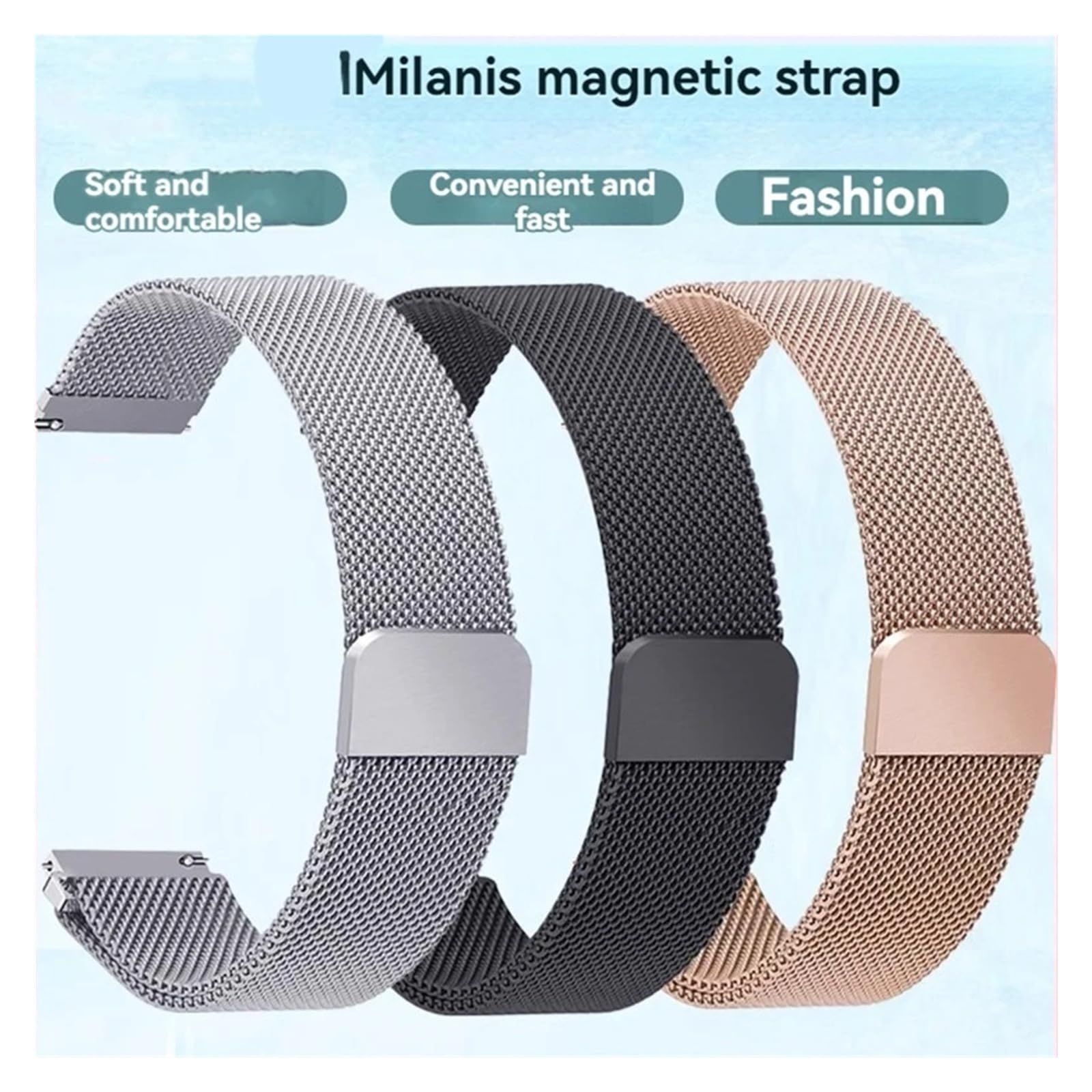 Bracelet de montre magnétique milanais en acier inoxydable à dégagement rapide pour DW Longines Casio Tissot Huawei Garmin Samsung Noir 20 mm de large