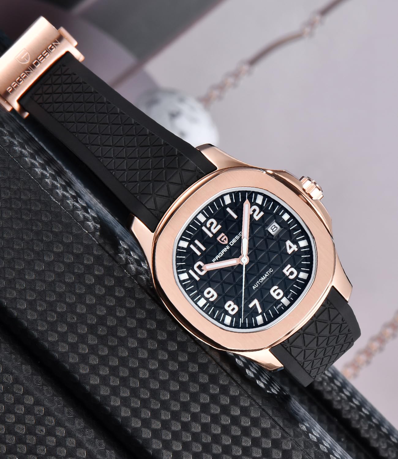 Pagani Design Automatik Herrenuhr Miyota 8215 Mechanisches Uhrwerk 41mm Edelstahl Analog Armbanduhren für Herren, Synthetisches Saphirglas Zifferblatt, 100M Wasserdicht, Kautschukband, Datumautomatik