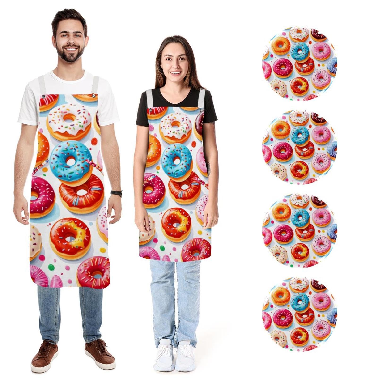 Lot de 2 tabliers de cuisine doux et doux avec 2 grandes poches pour homme et femme Motif donuts, Donuts sucrés et savoureux, L:26.2x34.6in/66.5x88cm;M:26.2x26.6in/66.5x67.5cm