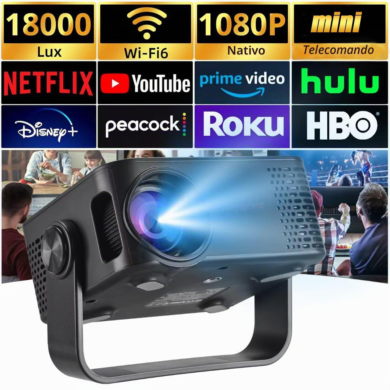 Mini Proiettore, 4K 1080P Proiettore Portatile con Zoom, Support WiFi Rotabile 360°, Video Projector TV Home Cinema per Cellulari Tablet/Laptop/PC/HDMI/USB(Nero)