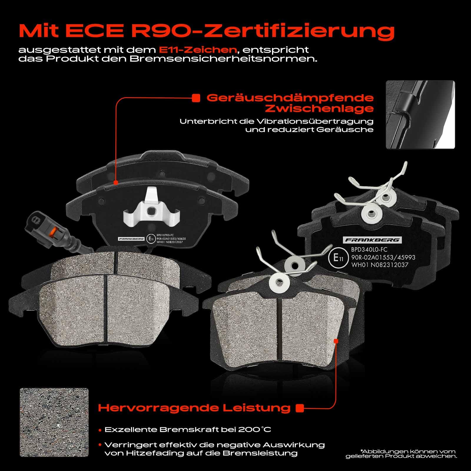 Frankberg Bremsensatz inkl. 4x Bremsscheiben + 8x Bremsbeläge Vorne Hinten Kompatibel mit Golf VI 5K1 Golf V 1K1 Yeti 5L Beetle Cabriolet 5C7 5C8 Replace# 09914575