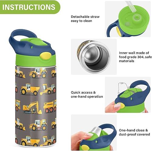 Miniatura 5 de Boccsty Yellow Tractor Truck - Botella de agua para niños y niñas pequeños con tapa con pajilla, vaso reutilizable de acero inoxidable con