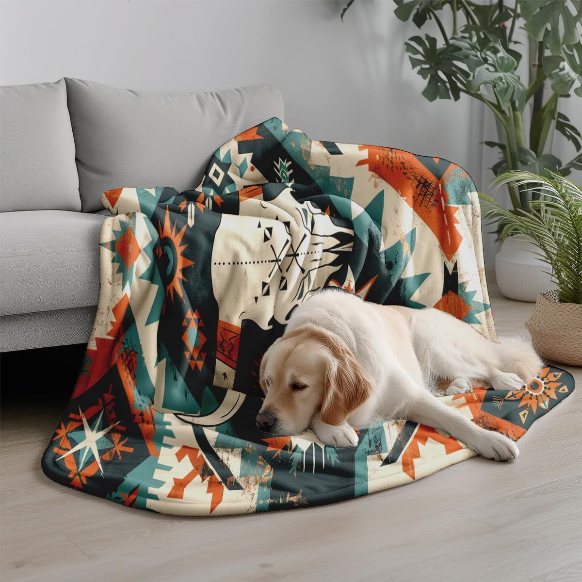 Southwestern Tribal Throw Blanket, Bull Skull Aztec Soft Fleece Blanket for Naps, Outdoor, Travel, Office, Gift (60 x 80 inch)