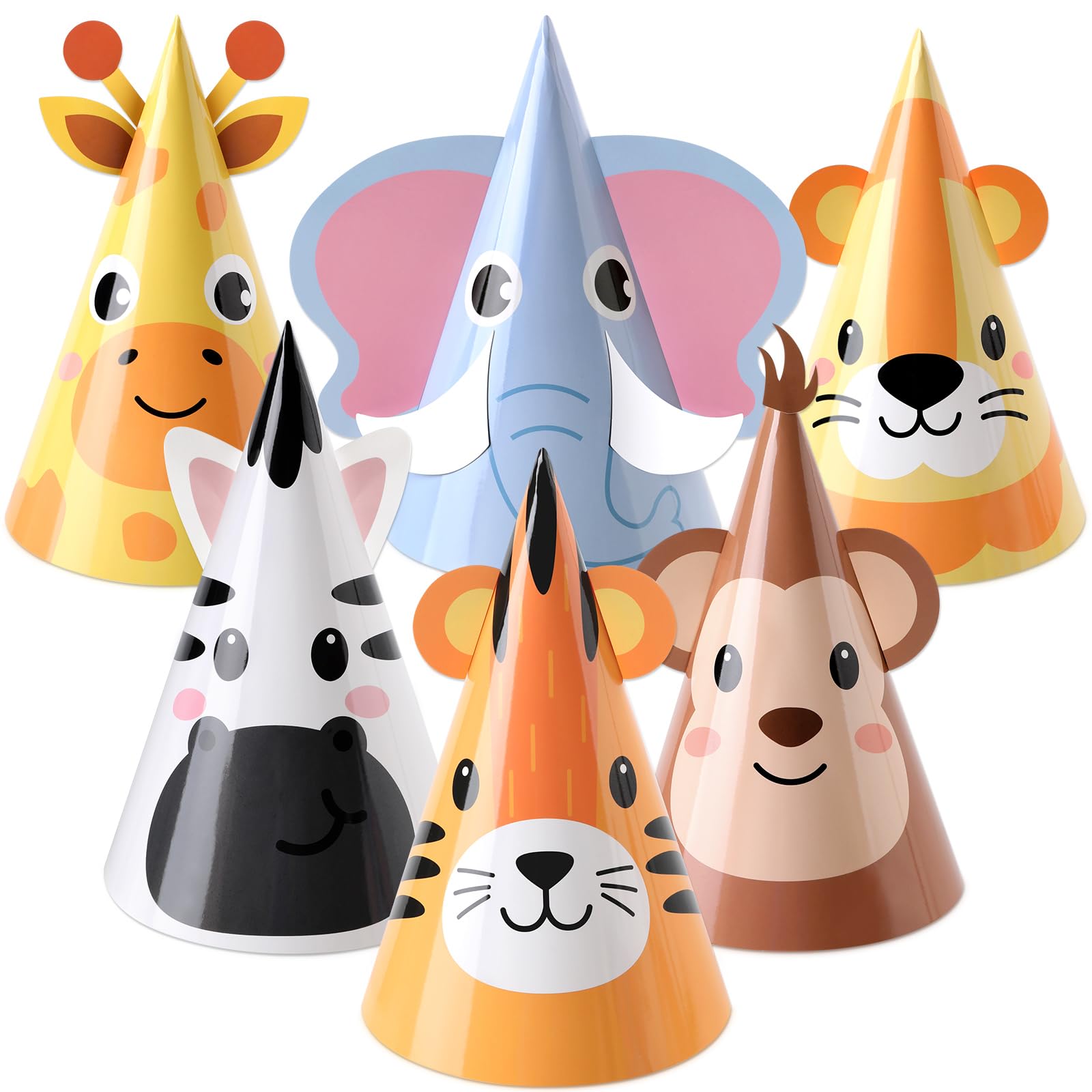 24PCS Jungle Animal Party Hats Jungle Safari Birthday Cone Hat Safari Headwear Zoo Birthday Party Supplies for DlY Animal Theme Paper Hat Headbands Baby Shower Cartoon Decorations Favors
