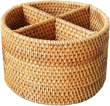 i-lan Natural Rattan 4 Compartments Storage Holder Cosmetics Organizer Utensil and Seasoning Bottle Serving Basket for Party200mm 4-compartment Round Box