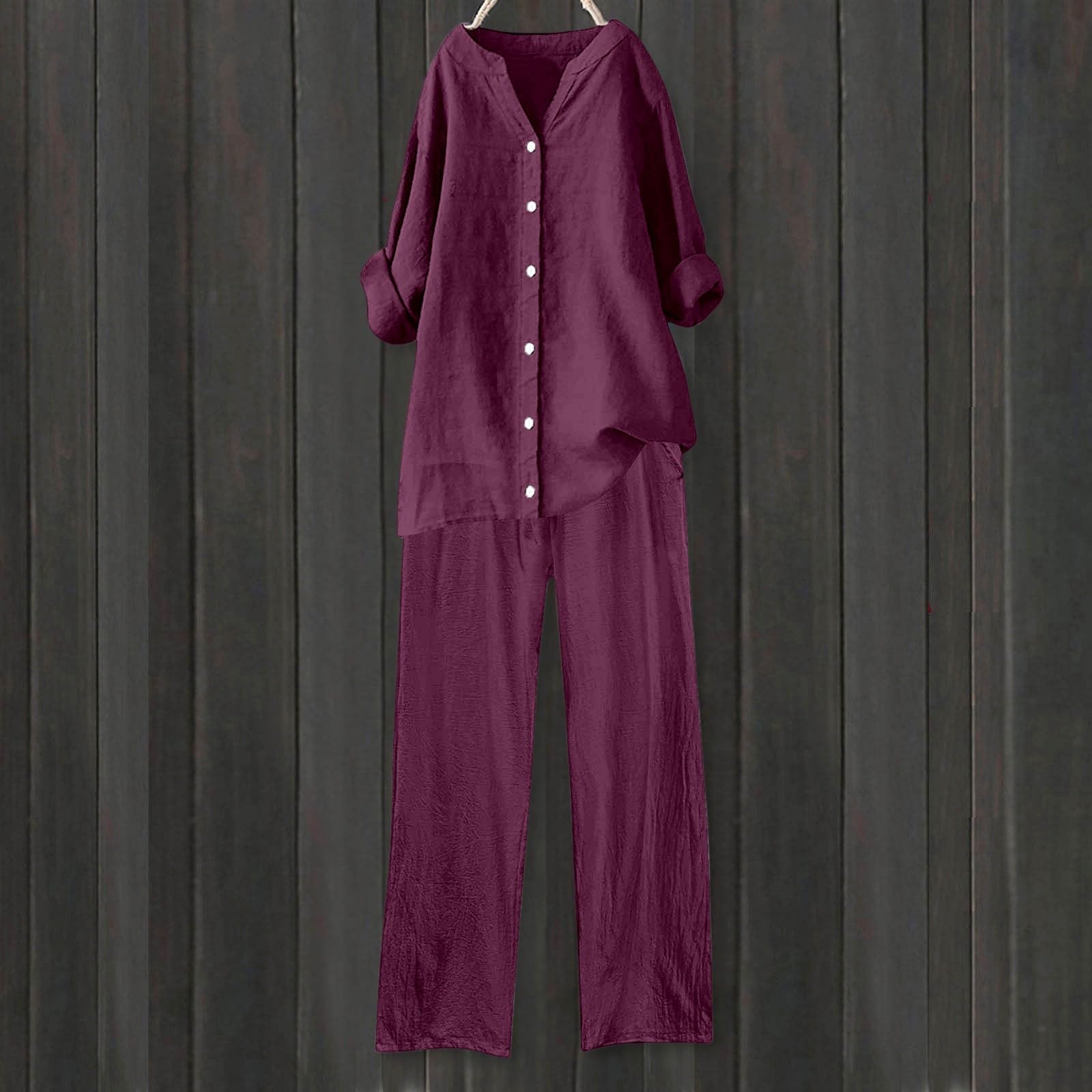 Ensemble Lin Femme Ete Deux Pièces Grande Taille Chemise Manches Longues Col V avec Bouton Et Pantalon Ample Taille Elastique Streetwear Outfit Set Léger Décontracté Couleur Unie De Plage Loungewear