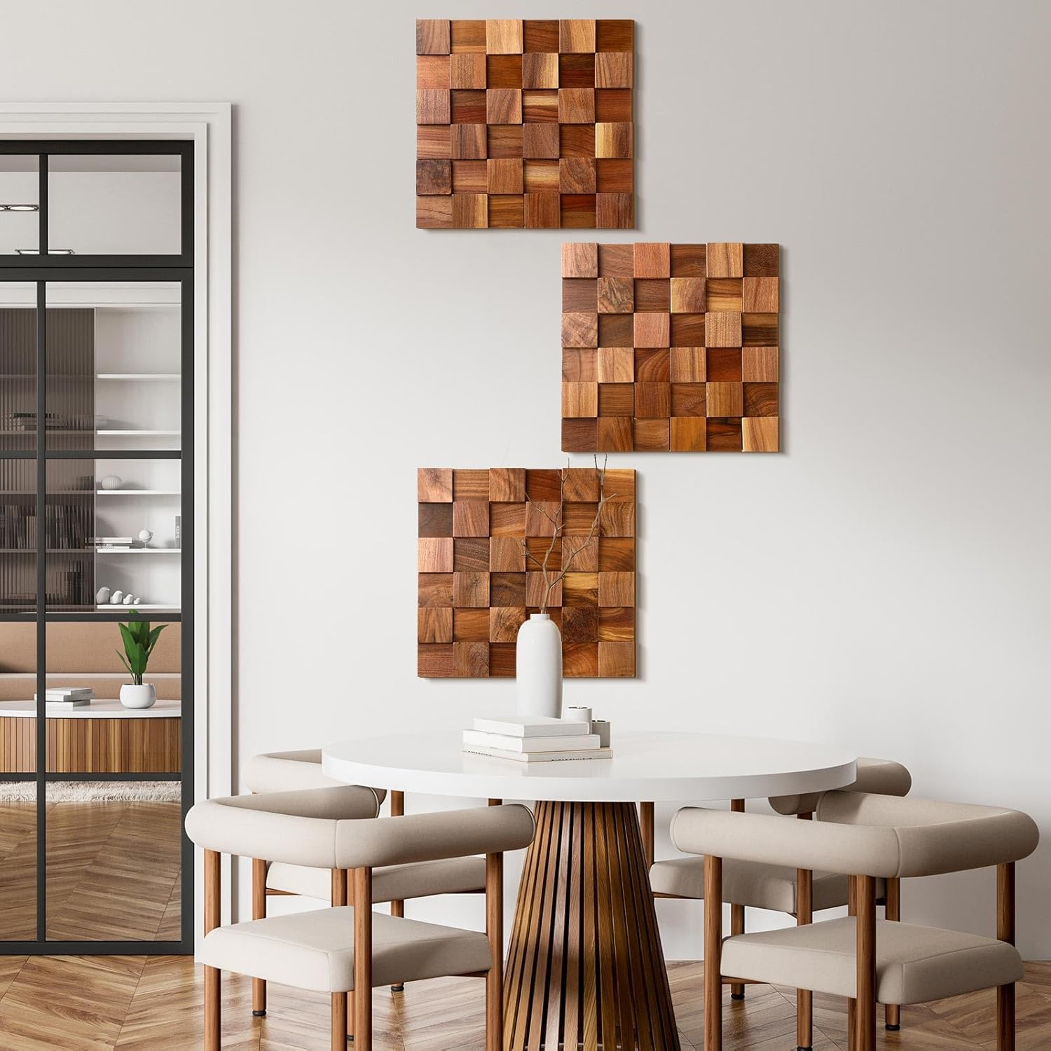 RattanView 3 Pcs 3D Wood Wall Art 11.8'' x 11.8'' Rugged Mosaic Wood Wall Decor Rustic Block Wooden Wall Art Vintage Brick Carved Wall Art for Living Room Bedroom Aesthetic, Ready to Hang