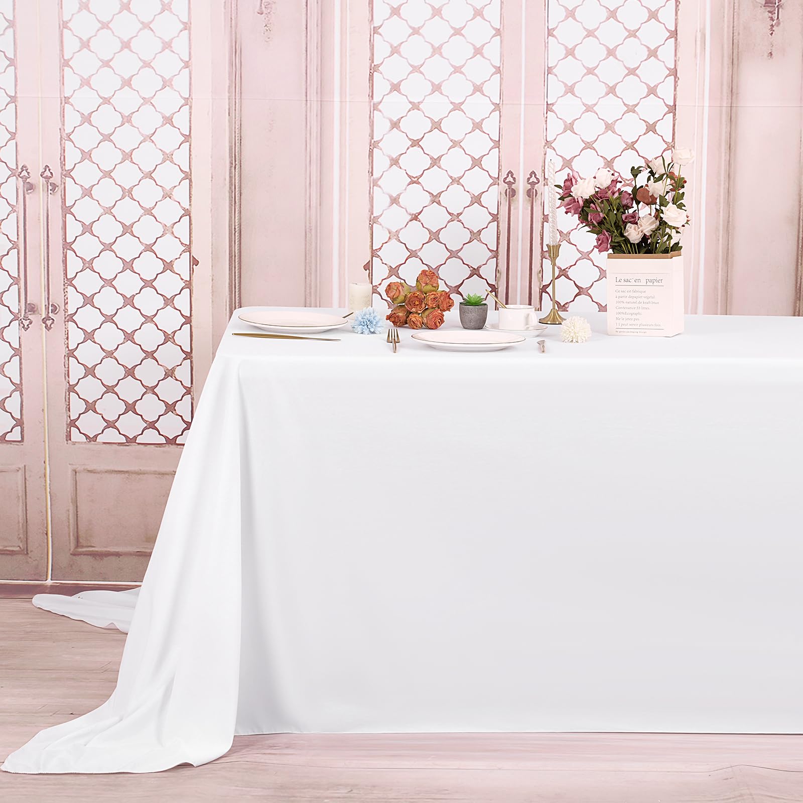 2 Stück Tischdecke Weiß 229 x 396 cm,Rechteckige 8 FT Tischdeckes | Flecken- und Knitterfreie Waschbare Tischdecke aus Polyestergewebe für Hochzeiten,Feiern, Veranstaltungen und Restaurants