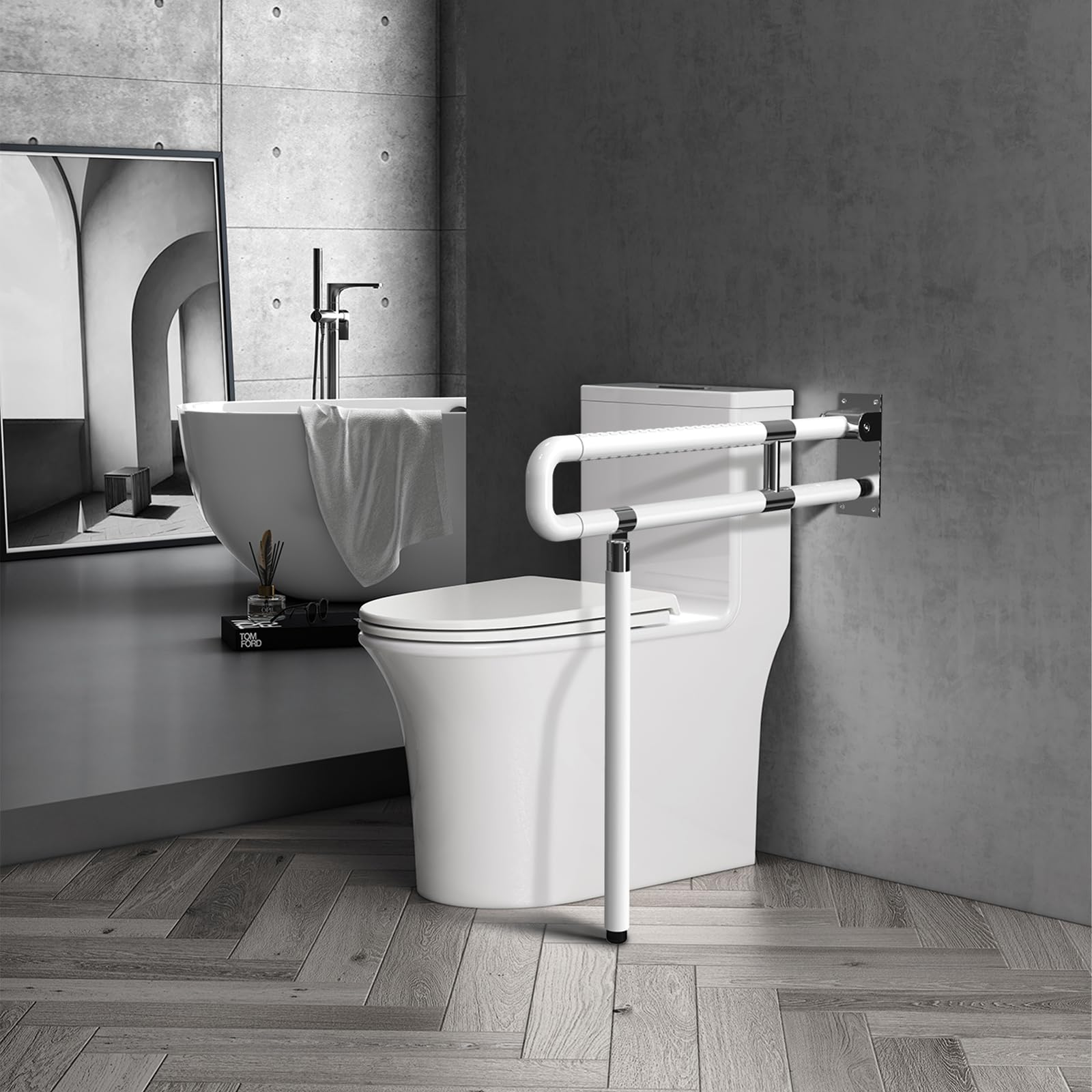 Barras de Apoyo para Baño, 80cm De Acero Inoxidable de Pie Inodoros Manija | Antideslizante Barra Abatible Para Inodoro, Minusválidos WC, Barra Baño Minusválido Carga hasta 350 kg (771 lb) (Blanco)