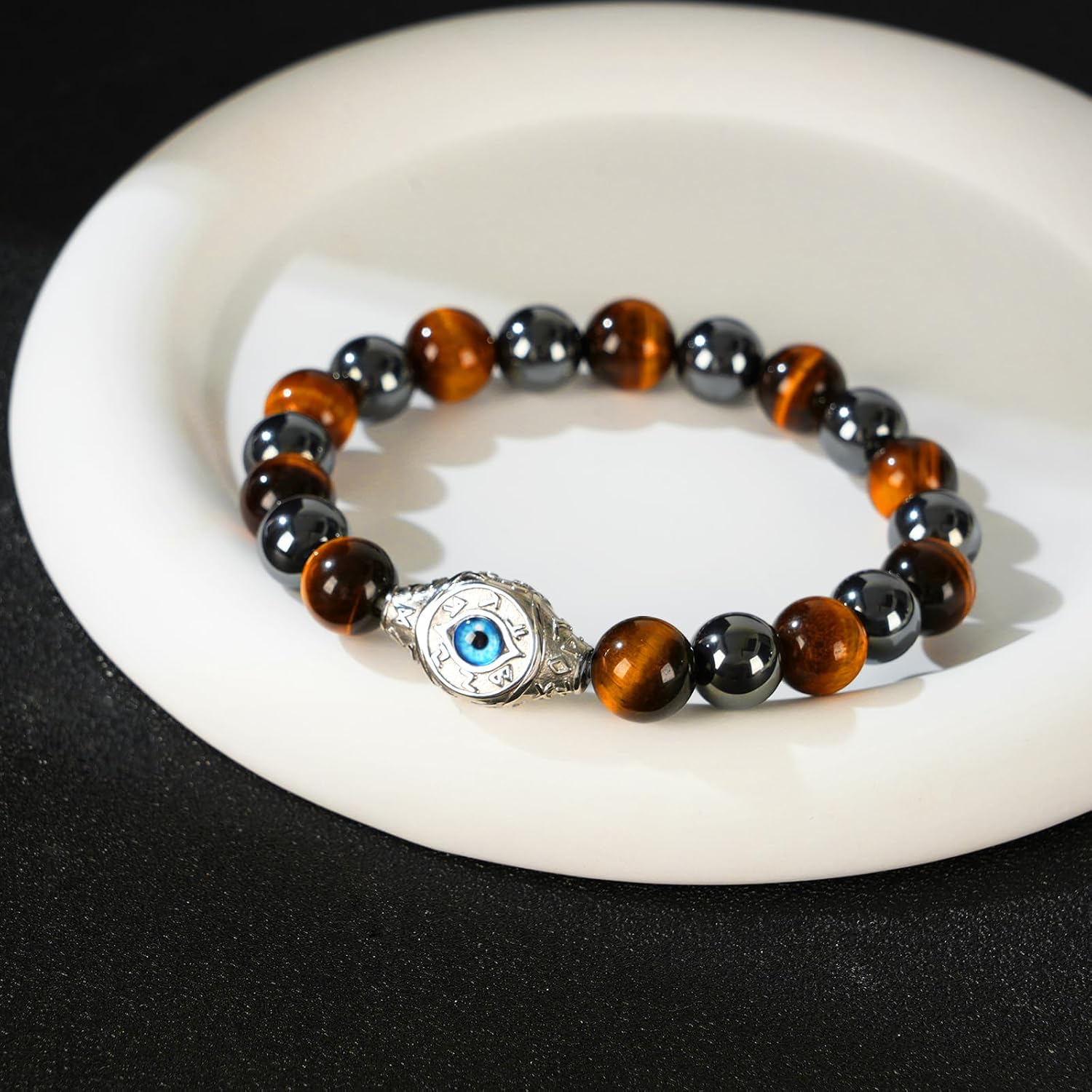 Men's Evil Eye Bracelet, 10mm Beaded Bracelet with Natural Gemstones, Adjustable Elastic Design, Gift for Anniversary, Christmas and Thanksgiving, Silver Obsidian/Tiger Eye/Hematite/Snowflake Obsidian/Black Agate