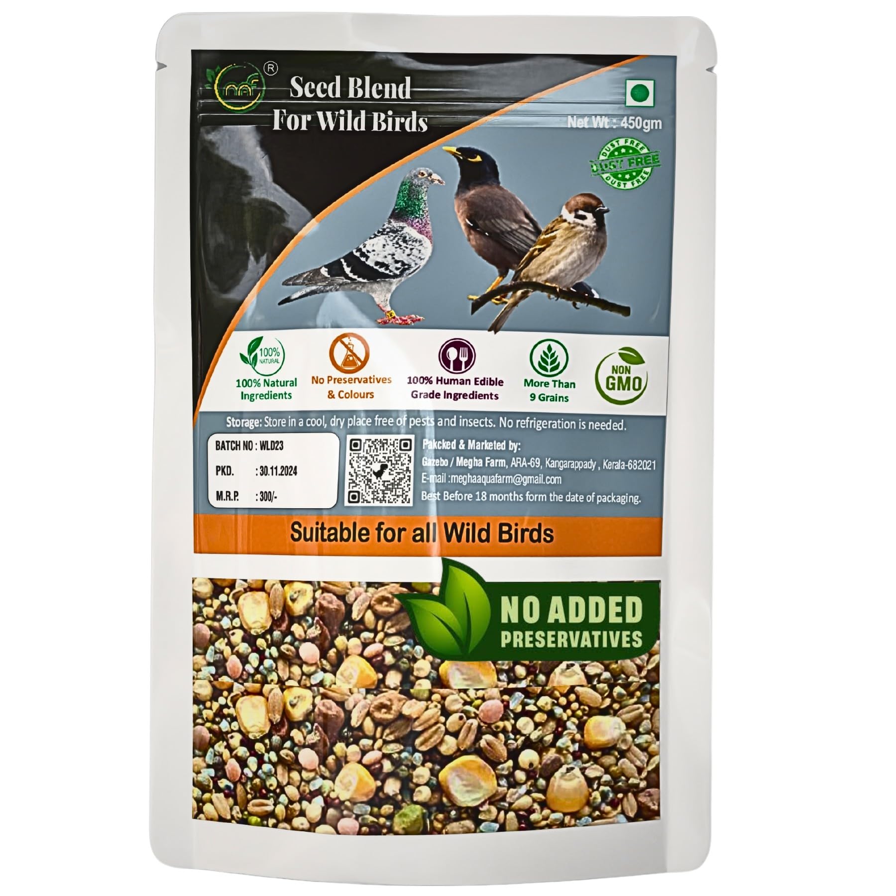 MAF Bird Feed For Wild Birds 900 Gram (450 Gm Pack Of 2) Enriched With 10 Grains & Cuttlefish Bone Grits, Refill Pack For All Wild Birds,Pigeon, Doves, Mynah,Finches, All Life Stages-image-15