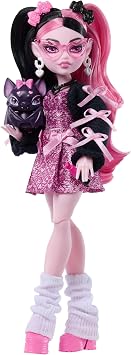 Monster High Doll, Draculaura in Pink Bow Dress and Black Cardigan with Pet Bat Count Fabulous and 7 Accessories Like Ramen, Lipstick and Purse