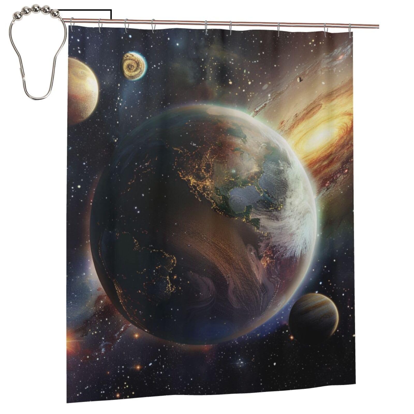 BWWHCCTI Universe Planet Printed Shower Curtain With 12 Iron Hooks Opaque Quick Drying Waterproof Shower Curtains Sets For Bathroom 152x183 Cm
