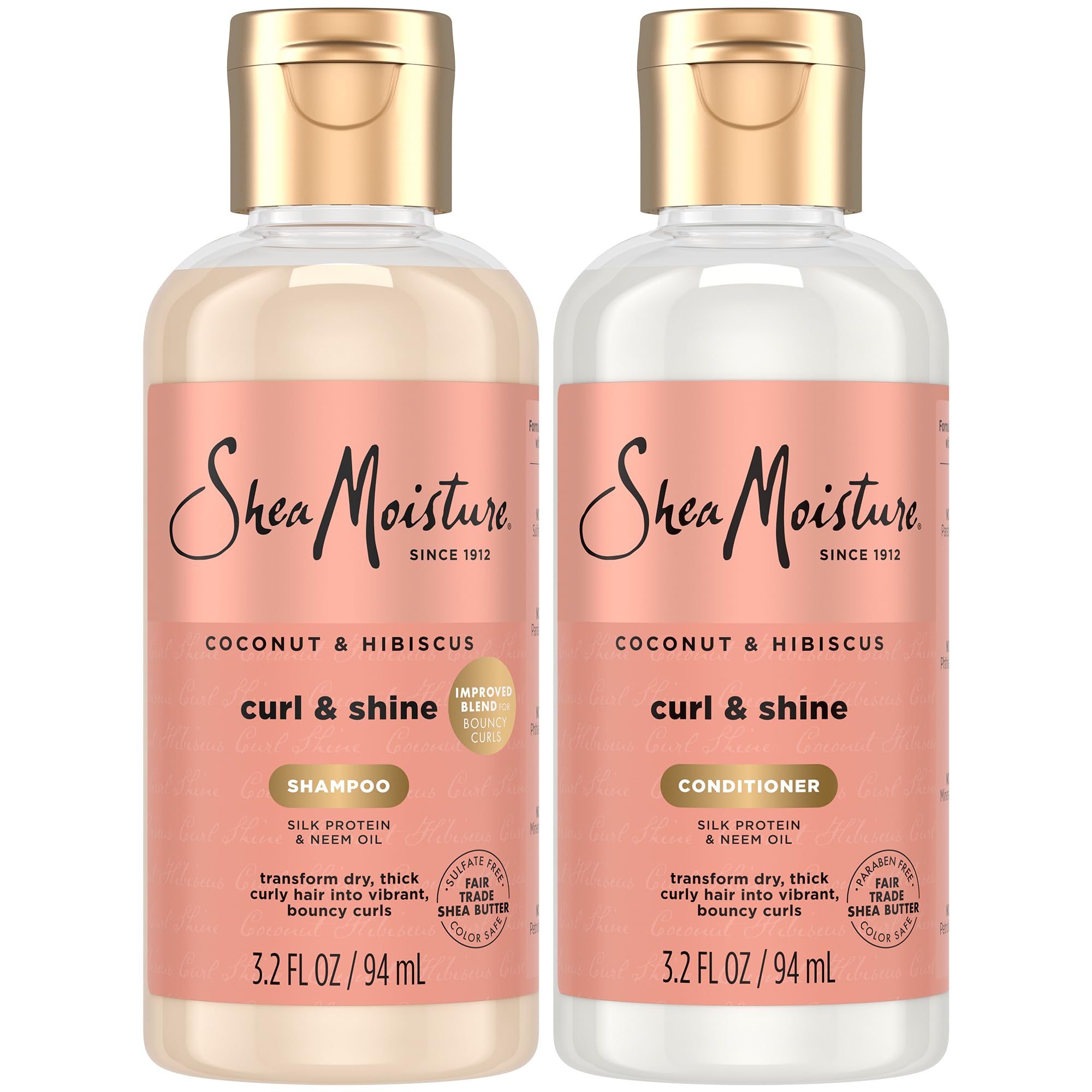 SheaMoisture Curl & Shine Shampoo & Conditioner, Travel-Size ββ―Coconut & Hibiscus Curly Hair Products for Shine & Frizz Control, 3.2 Oz Ea (2 Piece Set)