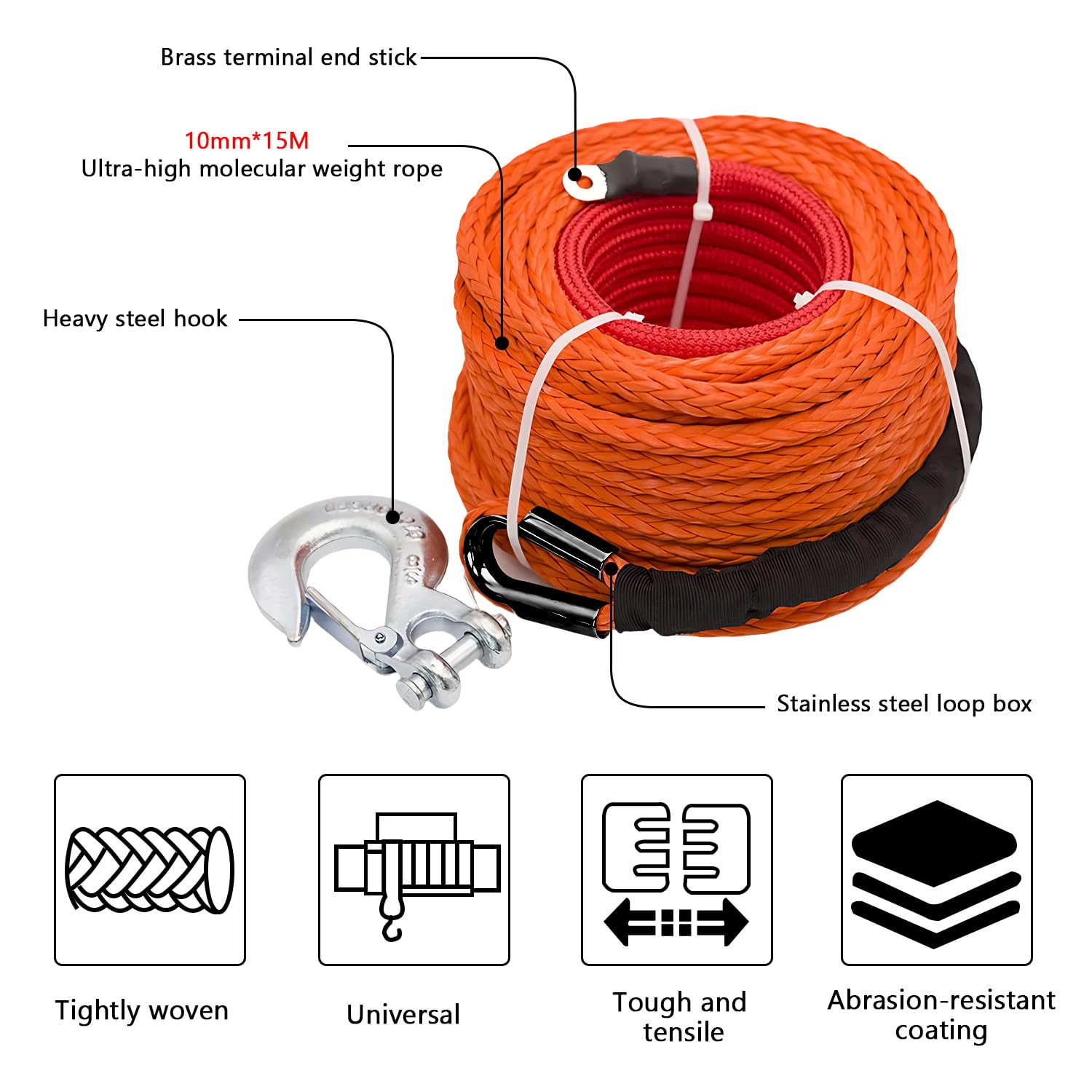 Winch Cable, 8 mm x 15 m Cuerda Cabrestante, Cuerda Sintética 12 Hilos con Funda Protectora y Gancho Metálico, Cuerda Forestal, Fuerza Tracción Máxima 6000 kg, para ATV, UTV, SUV, Todoterreno