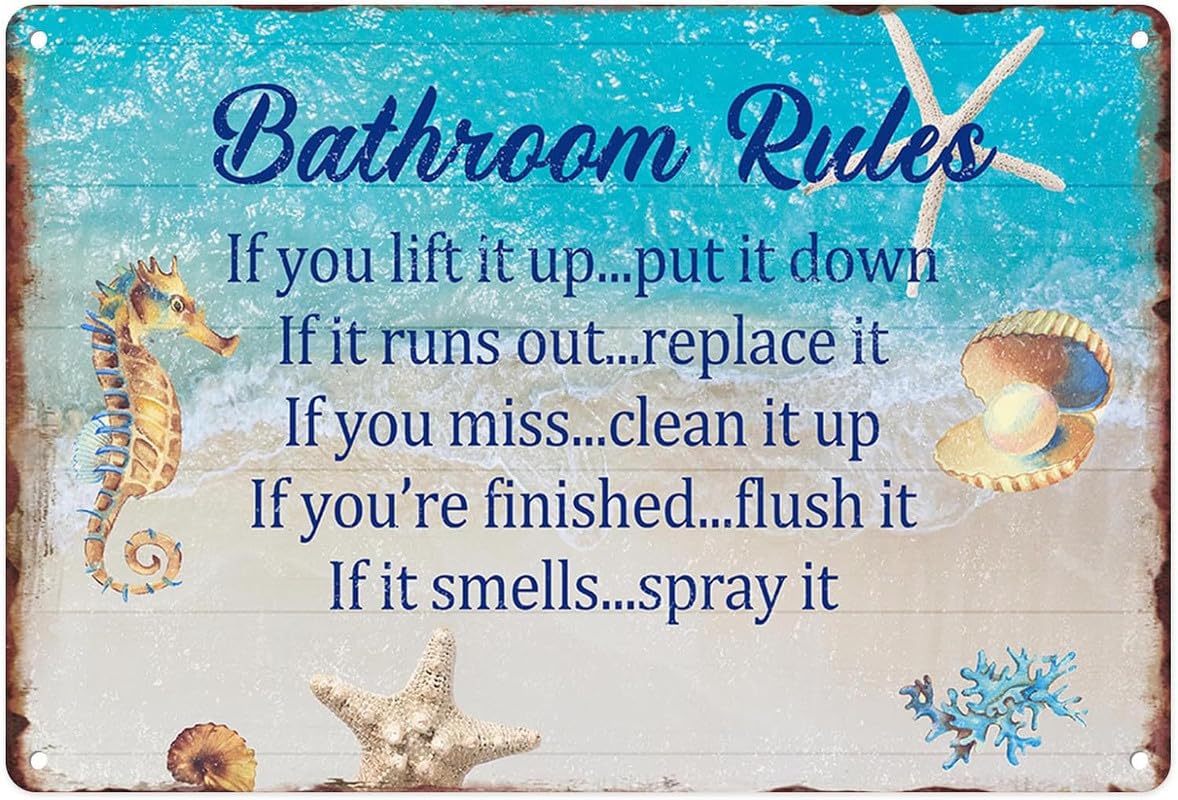 Sitrmgh Sign Vintage Metal 8X12 Inch, Bathroom Rules Blue Ocean Funny Tin Wall Art Decor For Home, Bathroom, Toilet Decoration