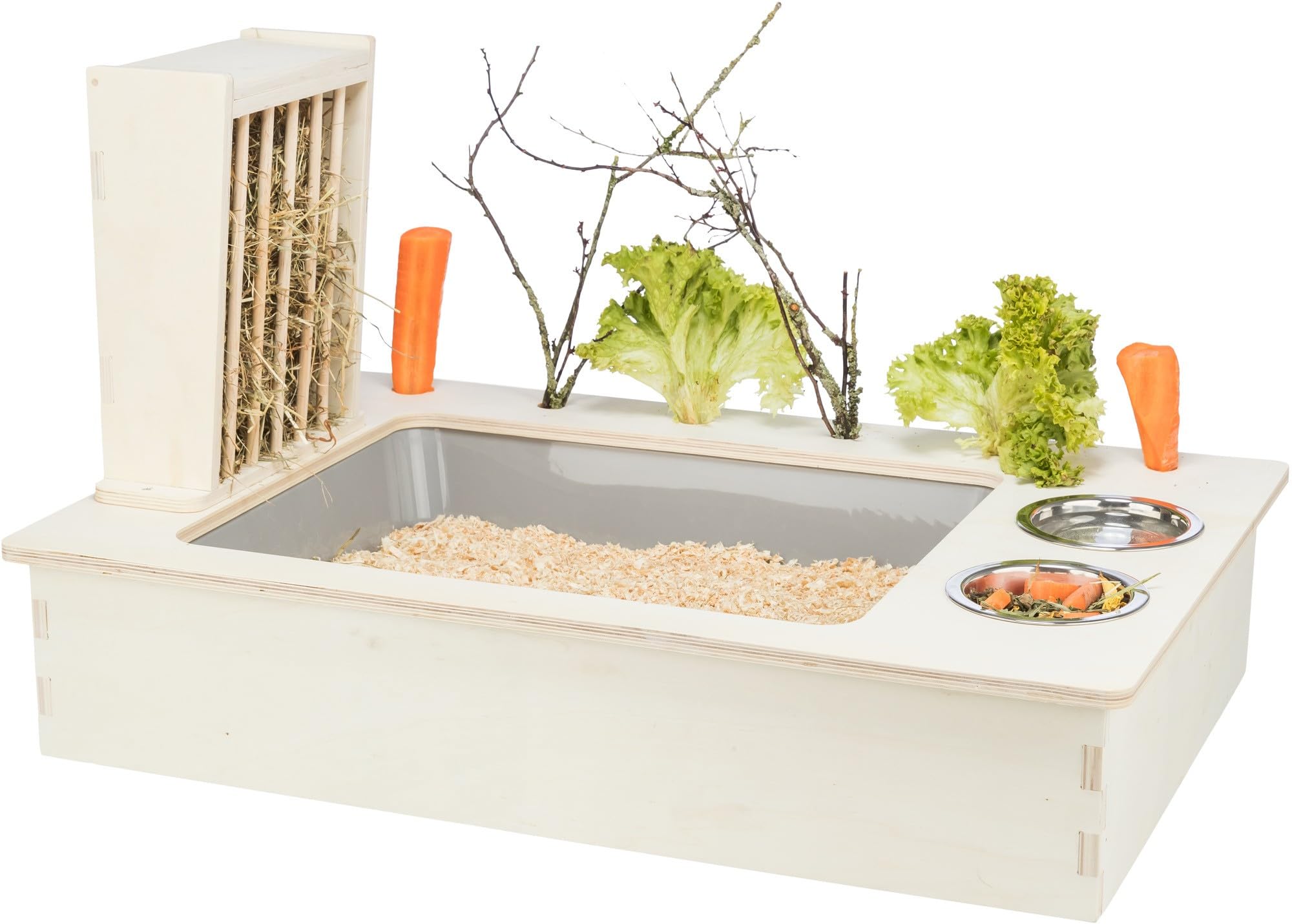 TRIXIE Futterstation mit Näpfen/Heuraufe, Holz, 70 × 41 × 47 cm