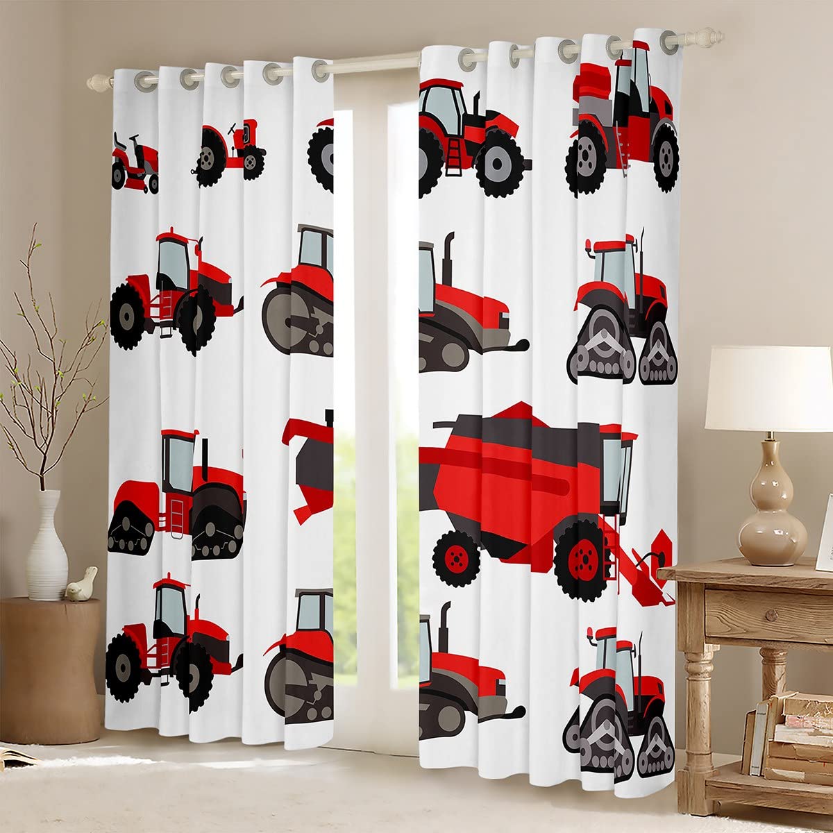 Feelyou Red Tractor Curtains Heavy Equipment Window Curtains for Bedroom Living Room for Kids Boys Girls Harvester Tractor Window Drapes Farm Equipment Window Treatments 42W X 84L,2 Panels
