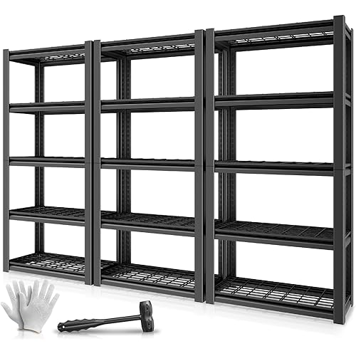 Auto Dynasty 5-Tier Storage Shelves Set of 3, 72" H (3000LBS Capacity) Adjustable Garage Shelving, Metal Storage Utility Rack Shelf Unit for Pantry Kitchen Warehouse, 72" H x 35" W x 16" D, Black
