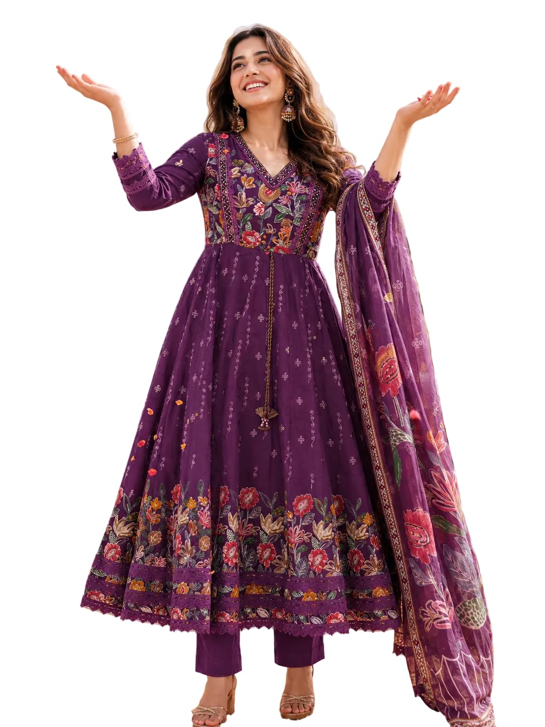 Women Purple Chanderi Hand Work & Floral Printed Anarkali Kurta with pant & Dupatta-image-48