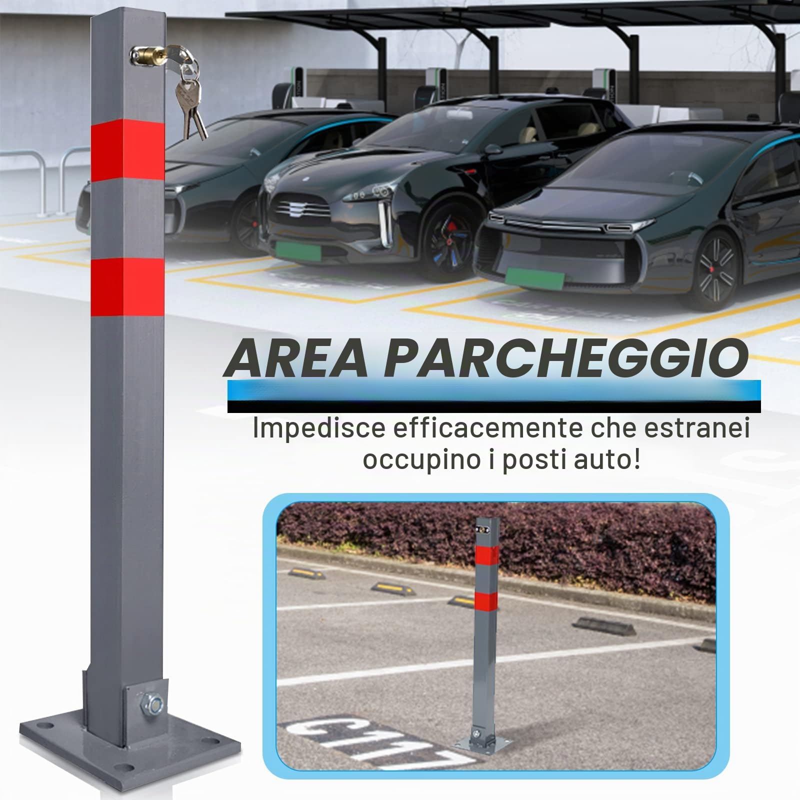 Palo di parcheggio pieghevole, Barriera Parcheggio, Blocco Posto Auto, colore segnaletico, 3 chiavi, Acciaio, set da 2