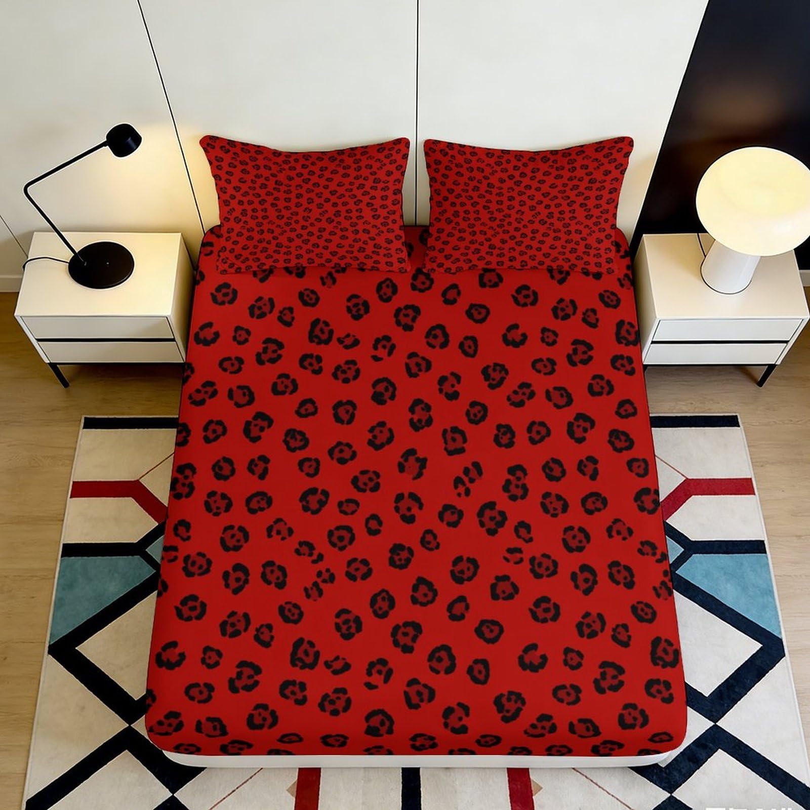 3D Printed Red Leopard Pattern Fitted Sheet Microfiber Soft Breathable Black Spots Bed Cover for Bedroom Dormitory Guest Room Mattress Protection Decor 90x200x25cm