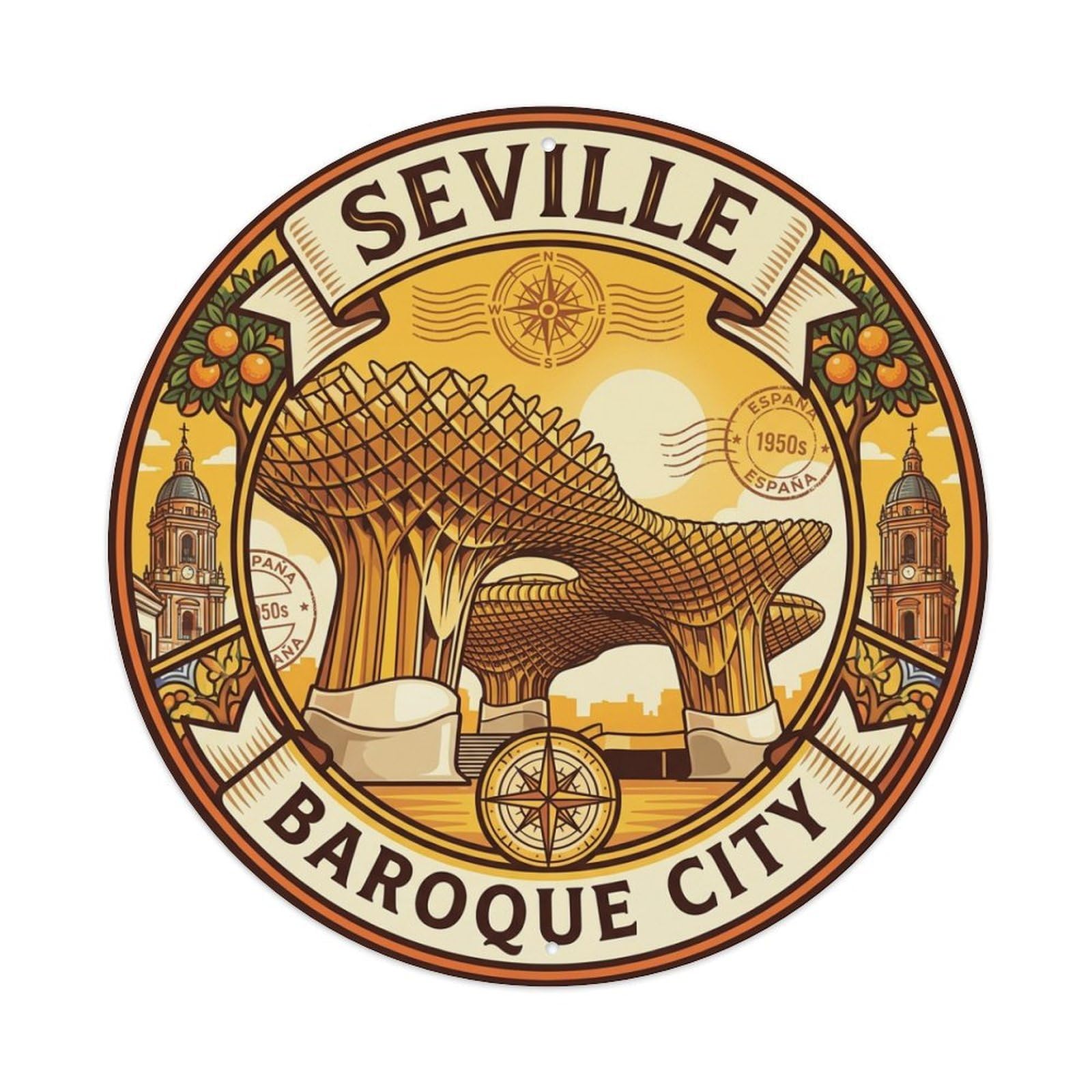 Vintage Travel Seville Spain Hamlet Vintage Metal Tin Sign Plaque Wall Decor for Cafe, Club Bar, Office, Garden Metal Poster 8x8Inch