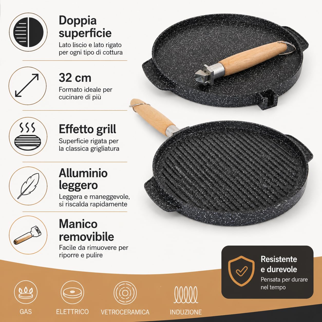 Generico Padella piastra in alluminio 32 cm bistecchiera grill con superficie rigata, doppia funzione liscia e griglia, manico removibile, ideale per carne verdure e cottura su fornello