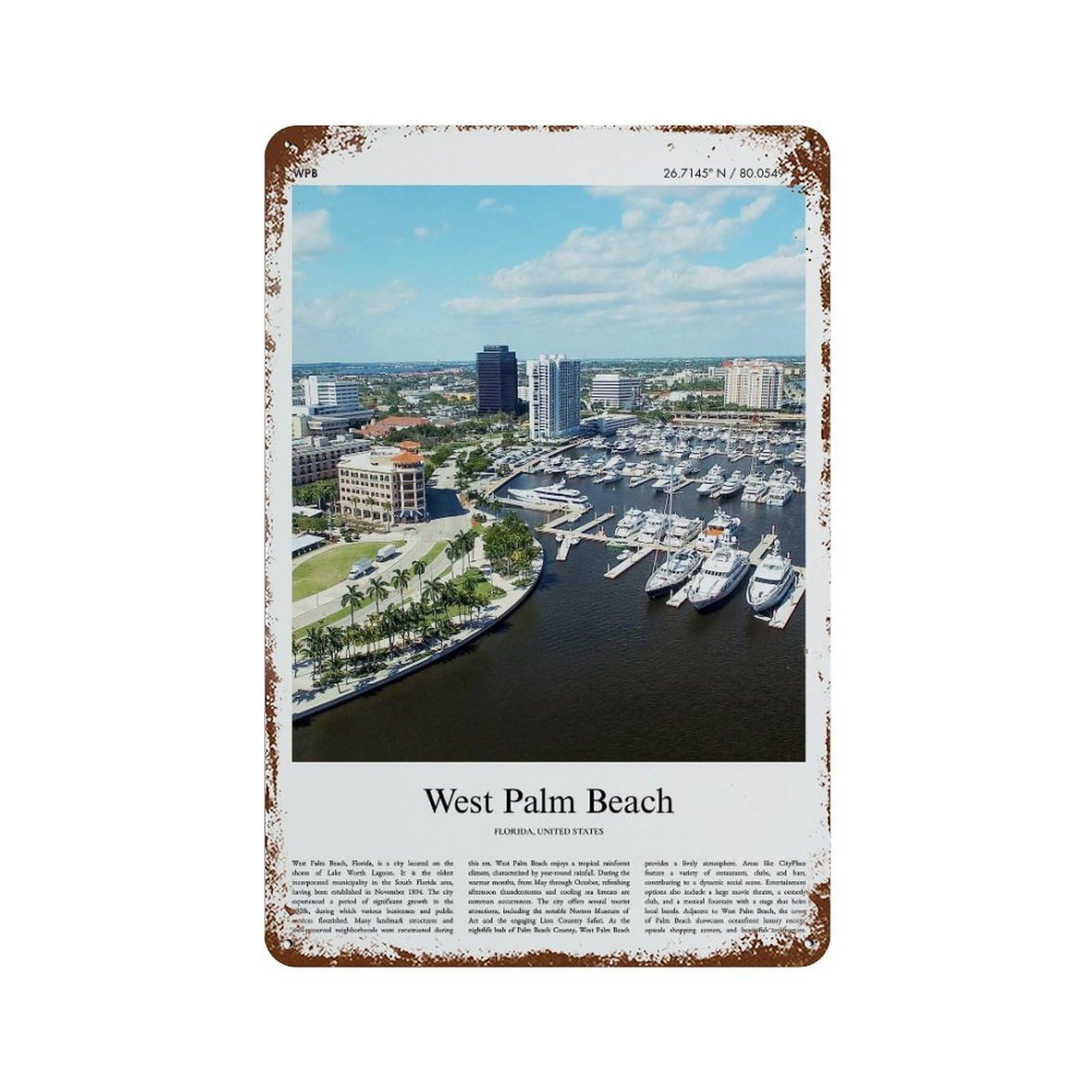 xiaoxiaoshen West Palm Beach Florida, United States, USA City Scenery Wall Decor Art Metal Tin Poster Modern Home Decor Art Home Bar Shop Decorations Vintage Sign 30x20cm