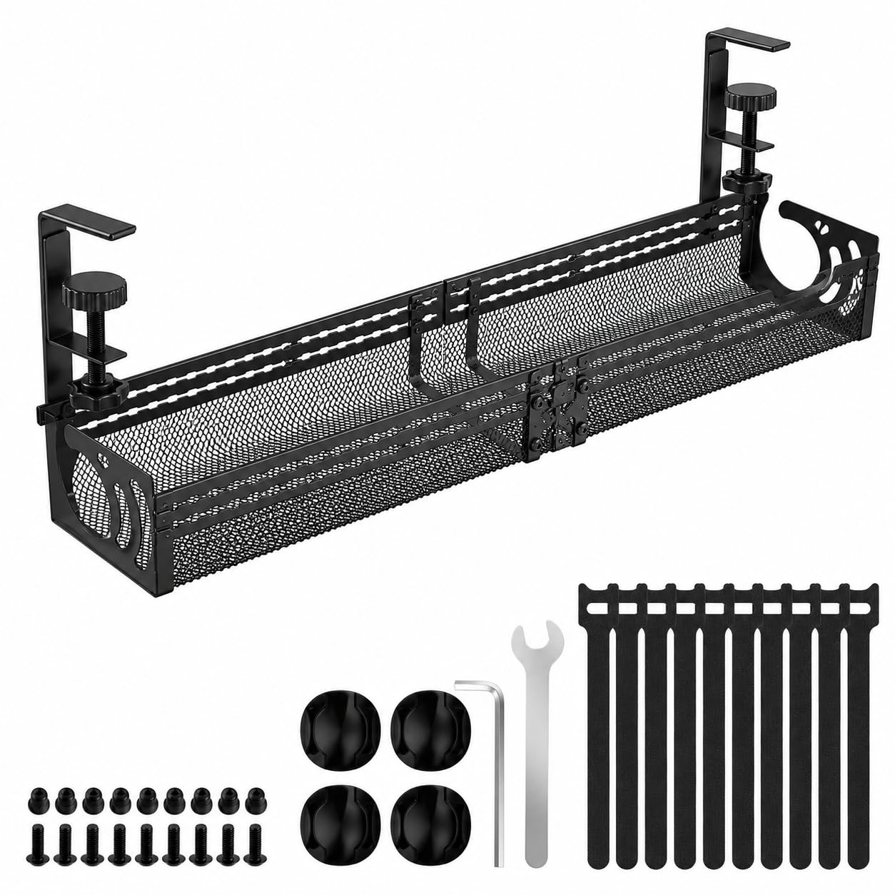 MiDARAH Expandable Under Desk Cable Management Tray No Drill, 25" /64CM Large Sturdy Metal Mesh Organiser With Clamp Mount, Wire Management and Cable Management for Home Office - Black