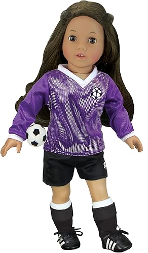 Sophia's Muñeca de 18 pulgadas, 4 piezas. Uniforme de fútbol con jersey morado de manga larga, pantalones cortos negros, tacos negros y pelota de