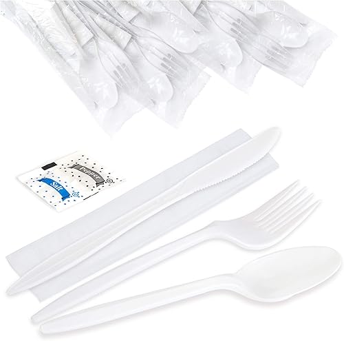 Paquete de 75 utensilios envueltos individualmente juego de cubiertos de plástico blanco preempaquetados con paquetes desechables de cuchara tenedor