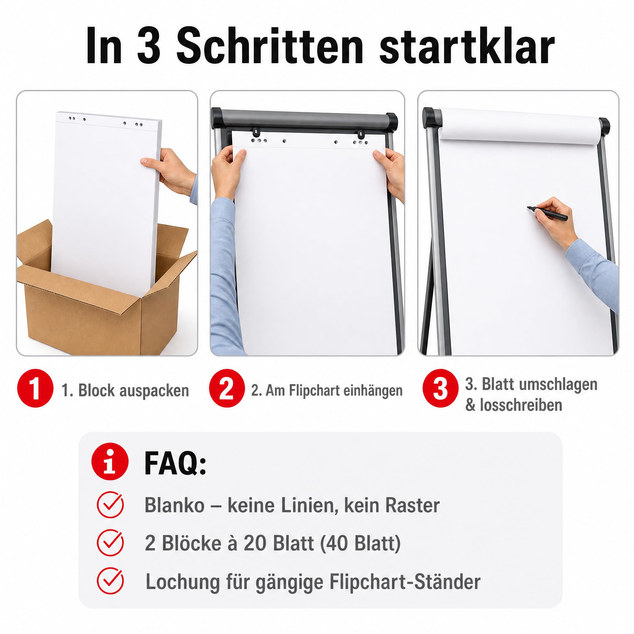 Conipa® - 2 x Flipchart Papier Block 65x98 cm weiß (BLANKO) 80 g/qm - 2 Flipchart-Blöcke à 20 Blatt - Whiteboard-Papier für Charts & Meetings (2 Blöcke Blanko)