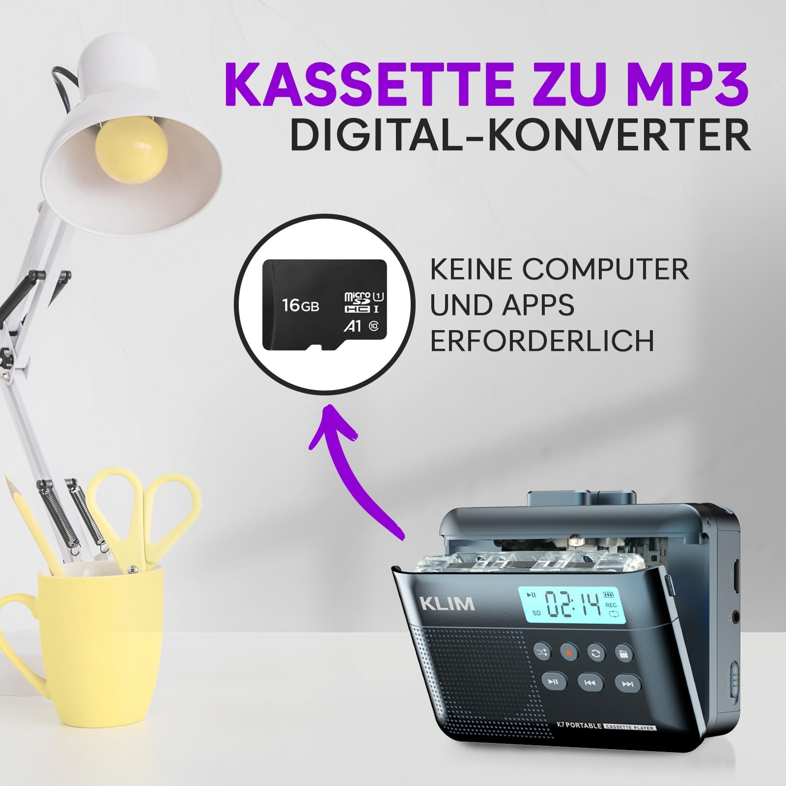 Kassettenspieler - Kassettenrekorder - Cassette Player - Kassetten Digitalisieren - Tragbarer - Mikrofon & Lautsprecher - Wiederaufladbarer Akku - Stereoausgang - 16GB SD-Karte - Blau