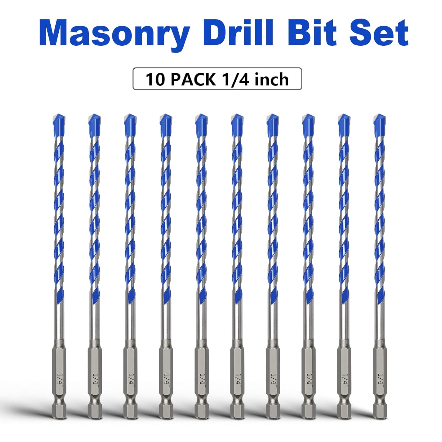 10 Pack 1/4 inch Concrete Drill Bit Set,Masonry Drill Bit Set with Hex Shank,Carbide Tip Drill Bits for Concrete, Cement, Tile,Brick, Plastic and Ceramic (1/4"（10 Pcs）)