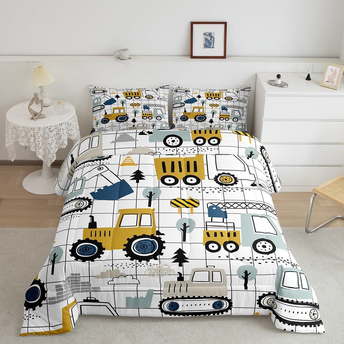 Feelyou Construction Comforter Set King Size Kids Excavator Tractor Toddler Comforter Cartoon Car Equipment Trucks Plaid Grid Comforter Set Construction Vehicles WhiteDuvet Set Quilt Set Mul