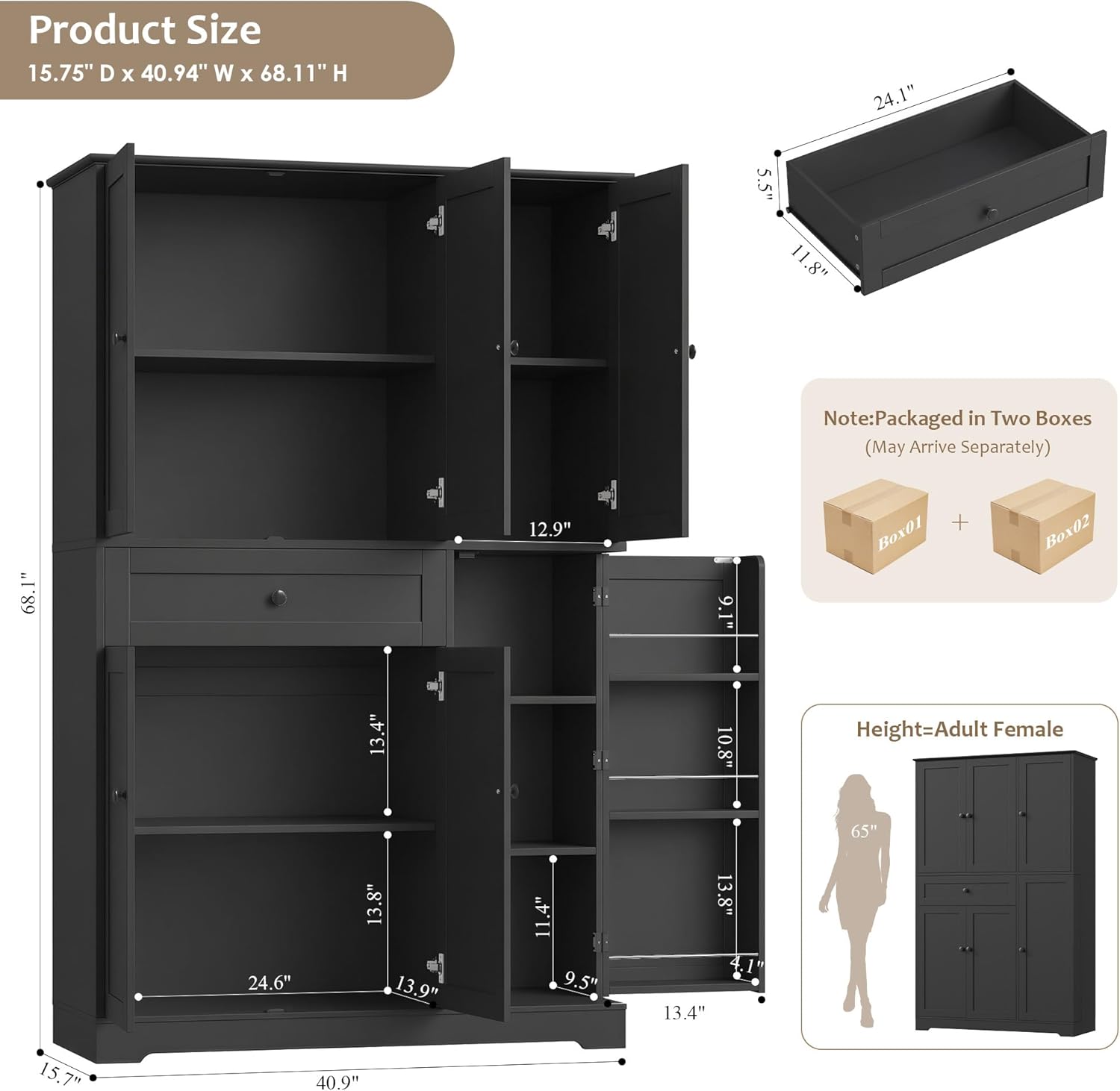 HOSTACK 68" Tall Kitchen Pantry Storage Cabinet, Modern Kitchen Hutch Cabinet with Doors and Shelves, Freestanding Food Pantry with Large Storage Drawer for Dining Room, Living Room, Black