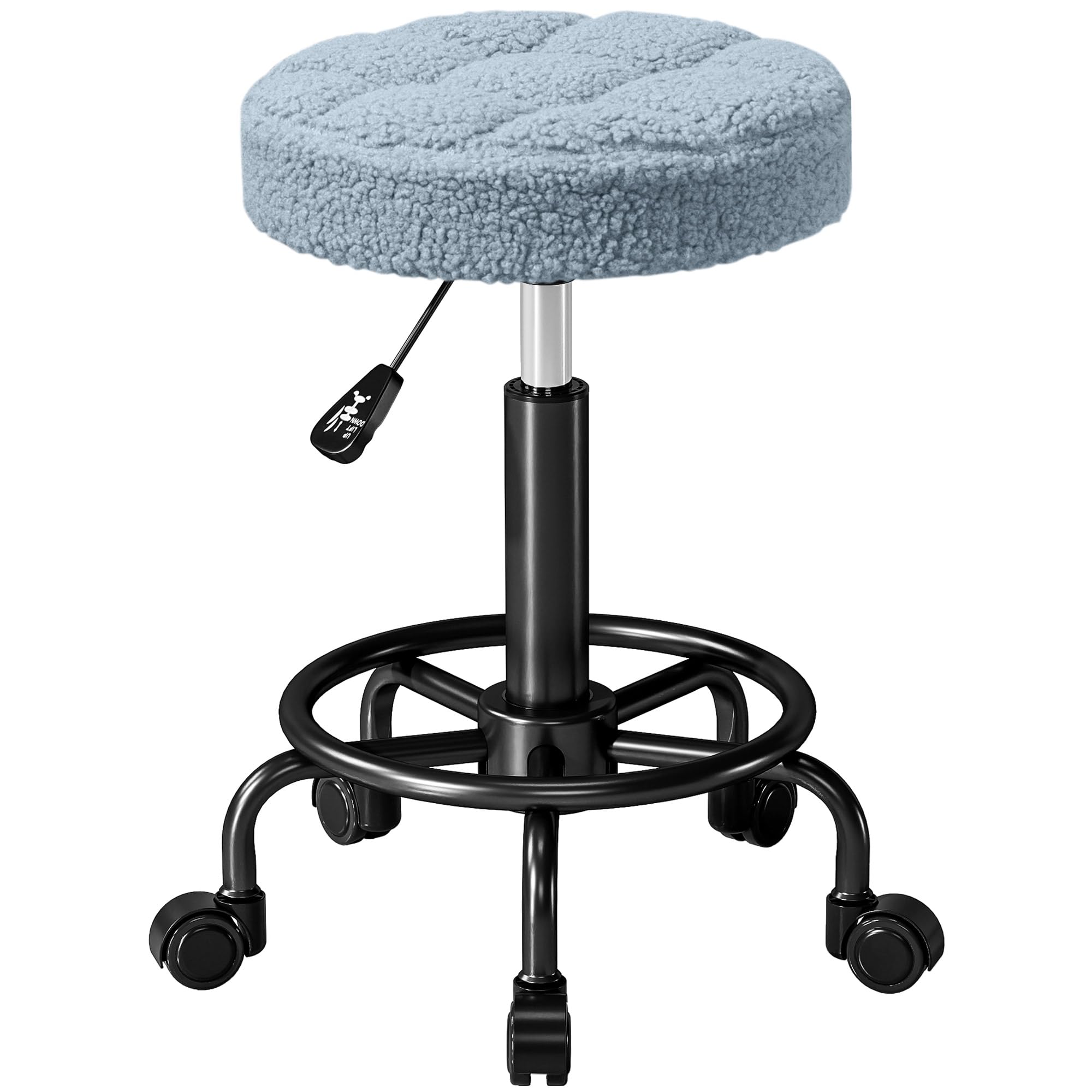HOMCOM Round Swivel Stool with Wheels Height Adjustable 50-66 cm Seat Upholstered in Sheepskin Fabric for Living Rooms Workshops SPA Massage Blue