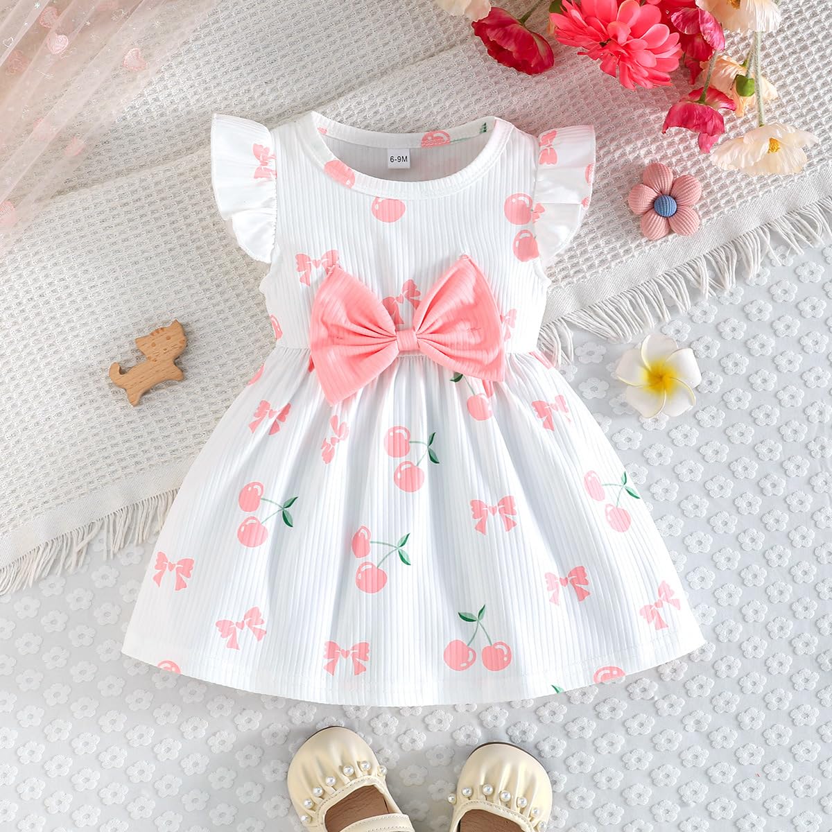Robe Bébé Fille Imprimée Papillon Nœud Volants sans Manches Robe D'été Mignonne à Pois pour Filles
