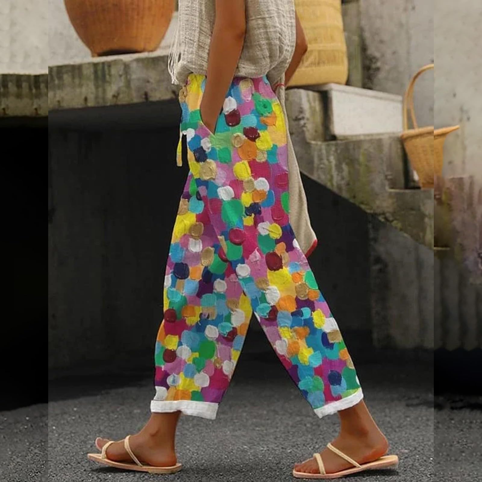 MJGkhiy Pantalon Lin Femme Long Élégant Pantalon de Plage Grande Taille Élastique Pantalon Large Décontracté Taille Haute Pantalon Jambe Large Léger Confortable Pantalon avec Poches