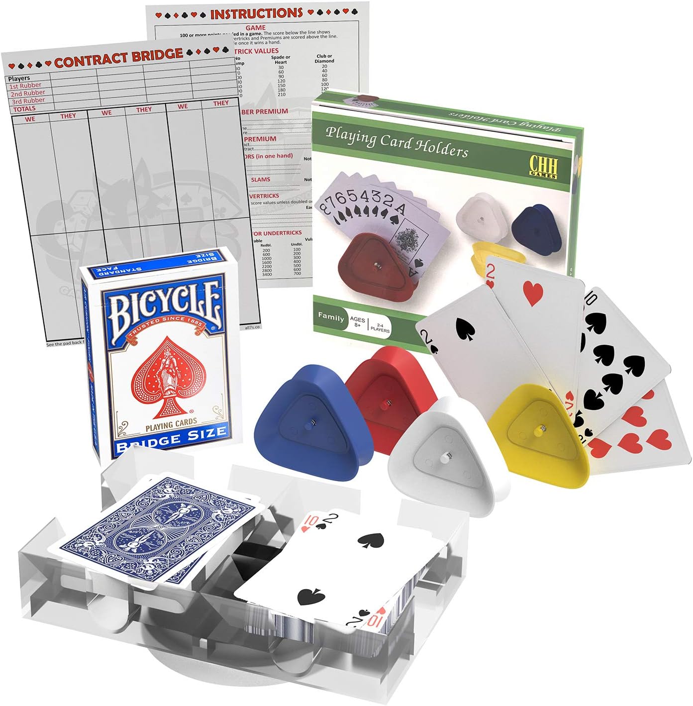 Bridge Cards Game Set with Authentic USA Made Bicycle Playing Cards, Four Card Holders and Score Pad with Game Instructions by All7s