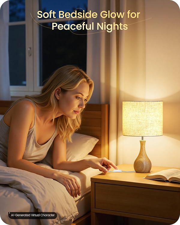 GOEBLESON Small Table Lamp, Wood Desk Lamp with Beige Linen Lampshade & Natural Wood Bottle-Shaped Base, Modern Bedside Lamp with Cable, E26 Base, Bulb Not Included, for Bedroom, Kid's Room, ME09TL05 by GOEBLESON - Used condition - Image 2