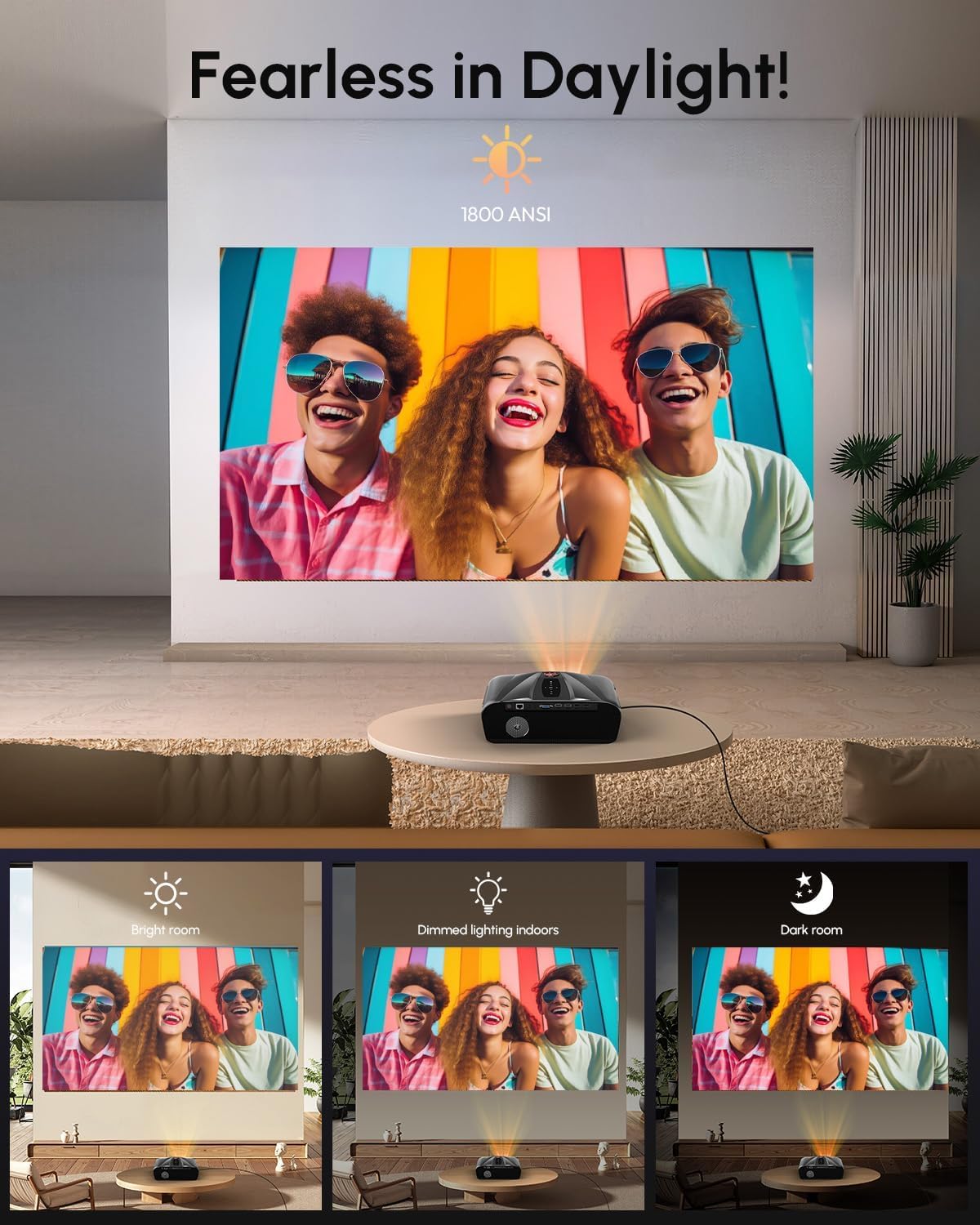 Vidéoprojecteur de lumière du jour 2300ANSI 4K Ultra HD HDR10 Projecteur intelligent de jour avec Tof Autofocus HDMI ARC/CEC 38W DB Audio WiFi6 Bluetooth 5.4 WiFi Vidéoprojecteur pour home cinéma